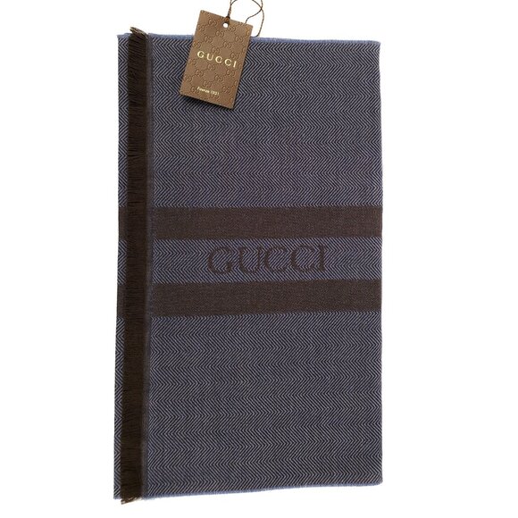 GUCCI MENS SCARF BLUE WOOL SIGNATURE LOGO STRIPED HERRINGBONE 544628 15.5" x 75" - Picture 1 of 6
